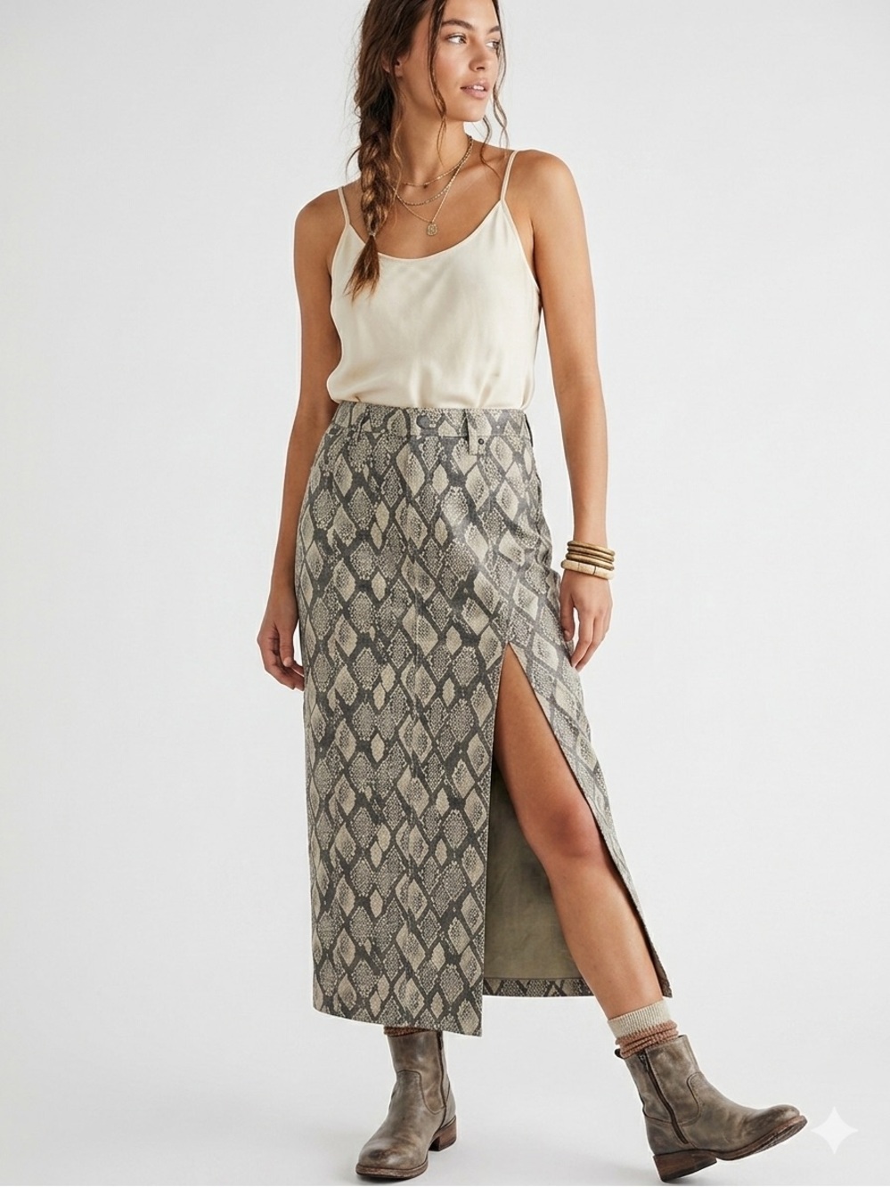 NWT Free People We The Free Snakeskin Print Midi Skirt Sz 8 Coated Faux Leather